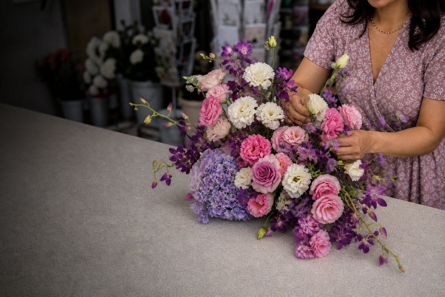 A Phuket florist finishing a pink and lilac bouquet on the Siamese Remedies shop counter