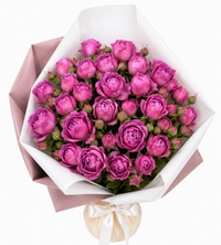 Bouquet of lush pink roses wrapped in elegant paper with a white ribbon