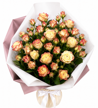 Bouquet of pink and white roses wrapped in white and pink paper with a white ribbon